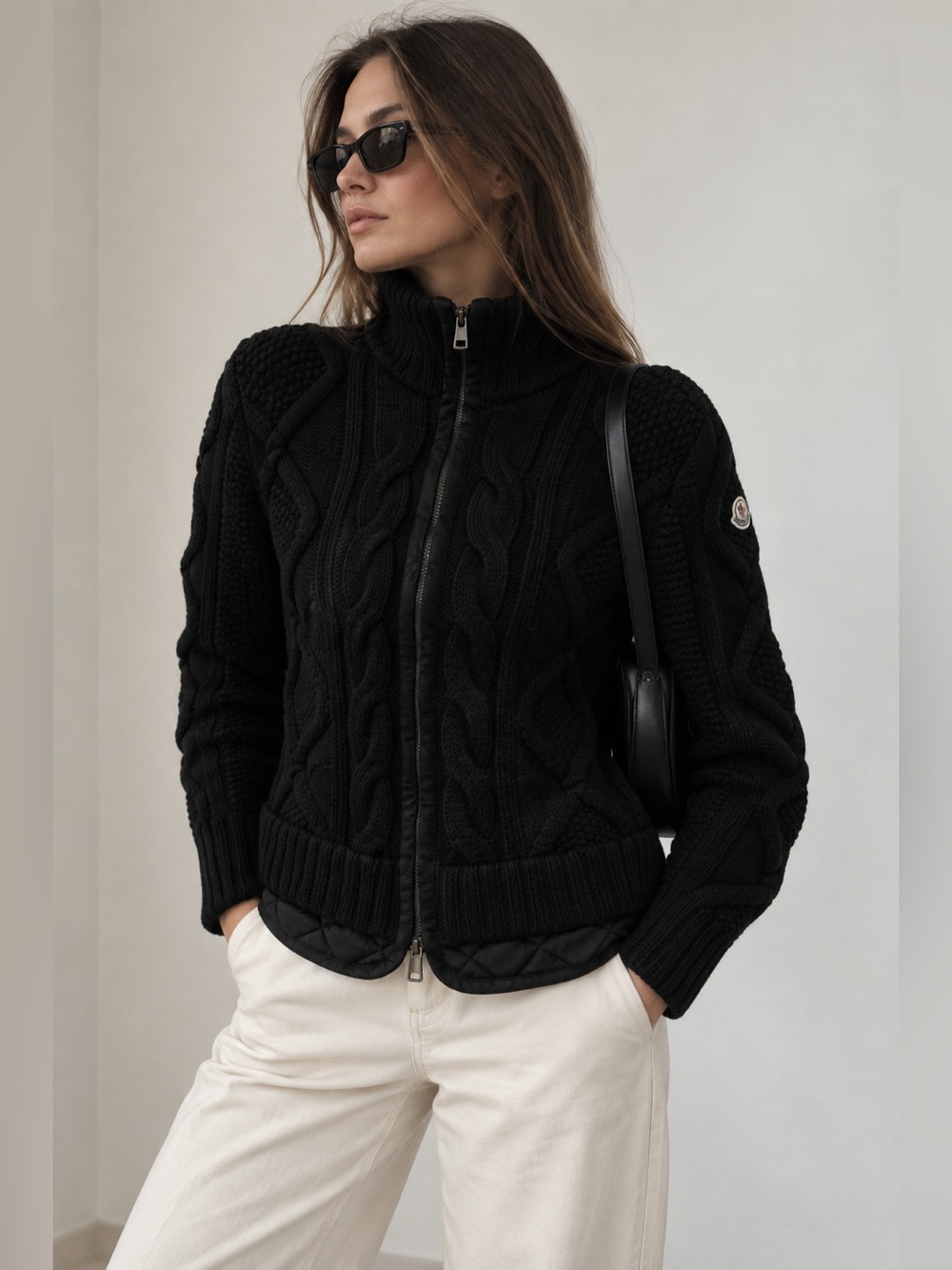 MONCLER WOMEN'S MAGLIONE TRICOT CARDIGAN BLACK CABLE KNIT WOOL JACKET